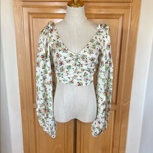 Floral For Love and Lemons Ruched V-Neck Long-Sleeve Crop Top - White